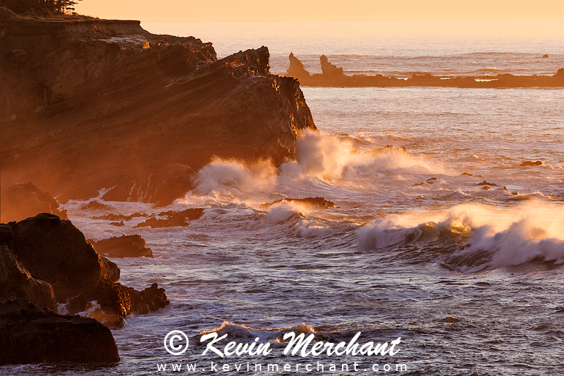 Sunset light on incoming waves