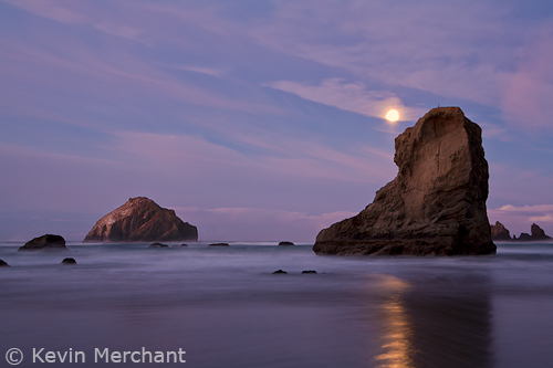 Face Rock with moon setting, Bandon, Oregon